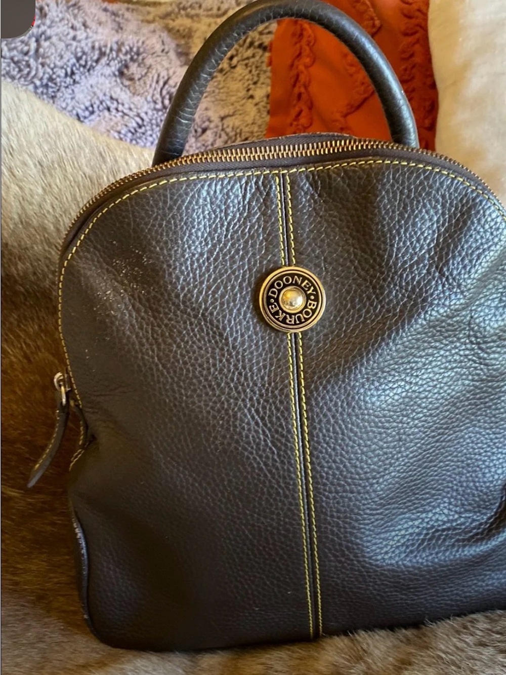 Dooney & Bourke Dark Brown Leather Backpack with Yellow Stitching
